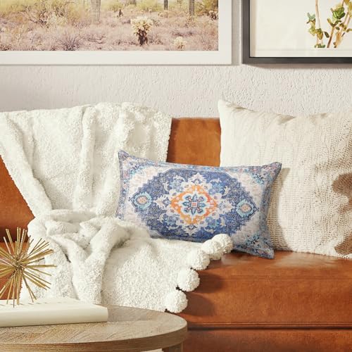 Snycler Blue Boho Throw Pillow Covers Set of 2 Monaco Rug Carpet Double Sided Pattern Cotton Soft Pillow Case Cushion Cover Pillowcase for Garden Couch Sofa Bed Decorative 12x20 inch - color: Blue, size: 20" x 12" (Pack of 2)
