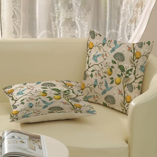 Chinoiserie Pillow Covers 16x16 Set of 2 Vintage Yellow Blue Birds Floral Lemon Throw Pillow Covers Outdoor Decoration Spring Summer Pillowcase Farmhouse Decorative Cushion Case for Home Couch - color: Yellow Blue Lemon Birds, size: 16" x 16" (Pack of 2)