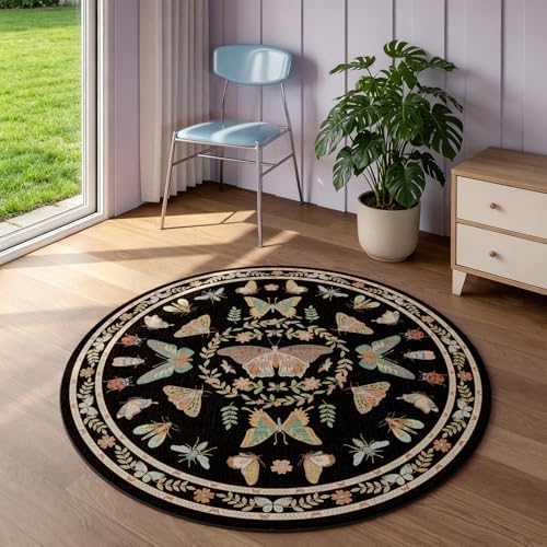 Unirea 4FT Bug Round Black Insect Circle Rug, Washable Non Slip Area Rug for Entryway, Kitchen, Bedroom, Bathroom, Nursery, Living Room, Thin Soft Circular Rugs Indoor Décor, Low Pile Carpet - color: Black, size: 4x4 Feet