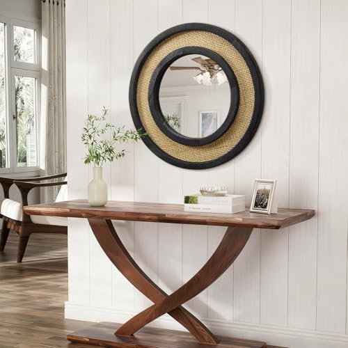 JJUUYOU Wall Mirror Round Mirror Black 20 Inch Circle Rustic Hanging Mirrors with Wood Frame Wall Mounted Mirrors for Living Room Bathroom Bedroom Entryway - color: Round Mirror-black, size: 20"L x 20"W