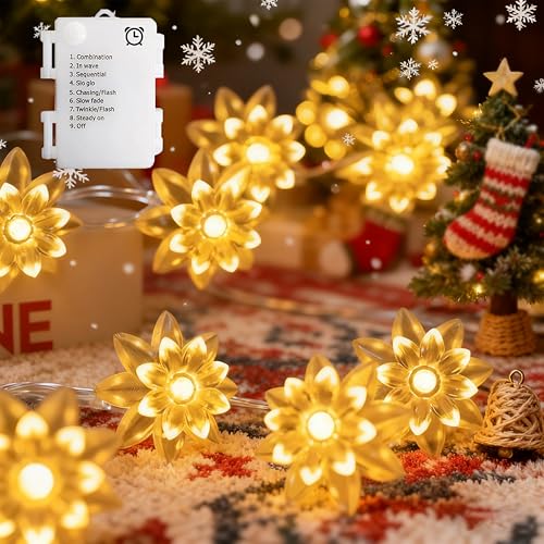 echosari Flower String Lights Battery Operated, 158" 40LED Lotus Flower Fairy Lights with Auto Timer 8 Modes, Soft Rubber Flowers Lights for Kids' Room Garden Patio Décor (Warm White) - color: Warm White