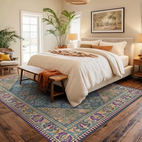 5x7 Area Rugs for Living Room, Machine Washable Low Pile Rug, Non Slip Backing Boho Rugs for Bedroom, Printed Soft Vintage Carpet Teal Green Purple 5 x 7 - color: 15/Teal/Harvest Gold/Violet/Azure, size: 5' x 7' (Rectangular)