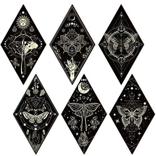 Sintuff 6 Pieces Gothic Wall Decor Boho Sun Moon Phases Wall Art Gothic Minimalist Stars Sun Hanging Wooden Home Decor Farmhouse Pediments for Gallery Living Bedroom Room(Mysterious) - style: Mysterious