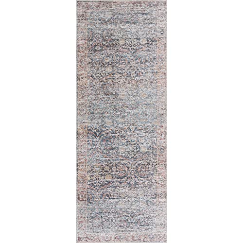 Bloom Rugs Caria Washable Non-Slip 7 ft Runner - Ocean Blue/Brick Traditional Runner for Entryway, Hallway, Bathroom, and Kitchen - Exact Size: 2'6" x 7' - color: Ocean Blue / Brick, size: 2'6" x 7' (Runner)