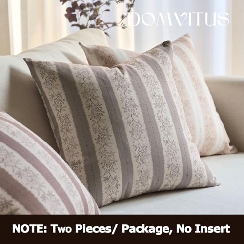 DOMVITUS Floral Pillow Covers 20x20 Inch Set of 2, Vintage Striped Block Print Decorative Throw Pillow Covers Neutral Farmhouse Boho Home Decor for Couch Sofa Bed Living Room, Light Gray - color: Light Gray, size: 20" x 20" (Pack of 2)