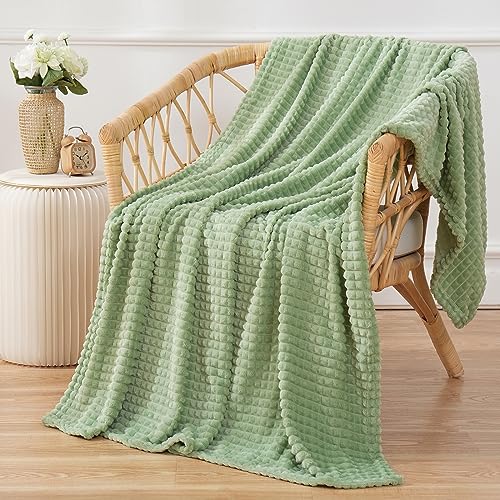Puncuntex Flannel Fleece Throw Blanket Sage Green 50"×60",Super Soft Plush Cozy Blanket with Square Grid Design Luxury for Couch Sofa Chair - color: Sage Green, size: 50"×60"