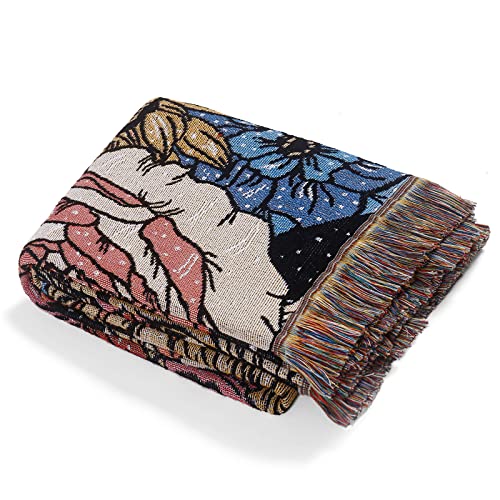 Boho Throw Blanket Reversible Cotton Bohemian Tapestry Hippie Room Decor Double Sided (Boho Flower Dark 50"x60") - color: Boho Flower Dark, size: 50*60 inch