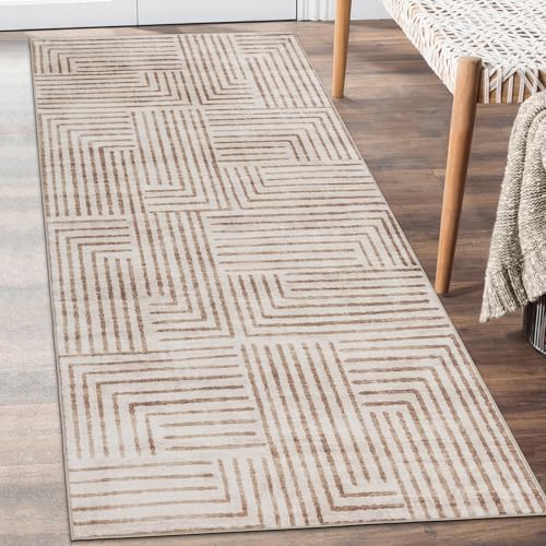 ReaLife Rugs Machine Washable Area Rug Runner - Living Room Bedroom Bathroom Kitchen Entryway Office - Non-Slip Baking Low Pile Stain Resistant Premium - Modern Geometric - Finn - Beige 2'6" x 6' - color: Finn - Beige, size: 2'6" x 6' (Rectangular)