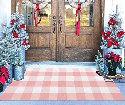 Pink and White Buffalo Outdoor Rug 24''x51''Checkered Plaid Front Porch Rug Cotton Woven Machine Washable Door Mat Outdoor for Layered Doormat Hello Welcome Door Mat Kitchen Farmhouse Entryway - color: Pink White, size: 24''x 51''