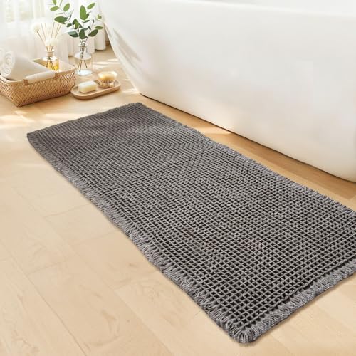 Waffle Bath Mat - Boho Bathroom Rugs Non Slip Washable, Super Absorbent & Quick Dry, Soft Bath Mat Farmhouse Bathroom Decor, 20'' x 48'', Dark Grey - color: Dark Grey, size: 20'' X 48''