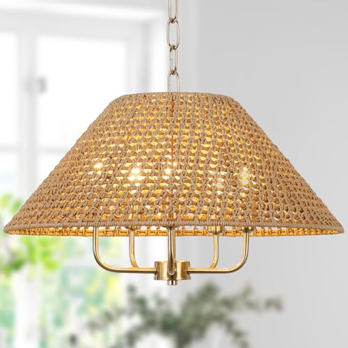 LamQee 22 Inch Rattan Modern Farmhouse Chandelier, 5-Lights Boho Large Pendant Light with Cone Wicker Shade, Coastal Hand Woven Hanging Lighting Fixture for Dining Room, Kitchen Island, Entryway Foyer - color: Rattan