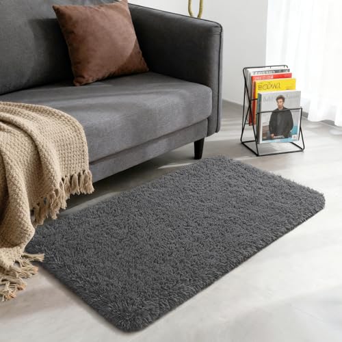 Merelax Fluffy Shaggy Small Area Rug, Dark Grey 2x4 Runner Rugs for Bedside Christmas Decor, Mini Fuzzy Plush Throw Rug, Soft Non-Slip Entryway Shag Catpet for Livingroom Holiday Home Aesthetic - color: Dark Grey, size: 2' x 4' (Rectangular)