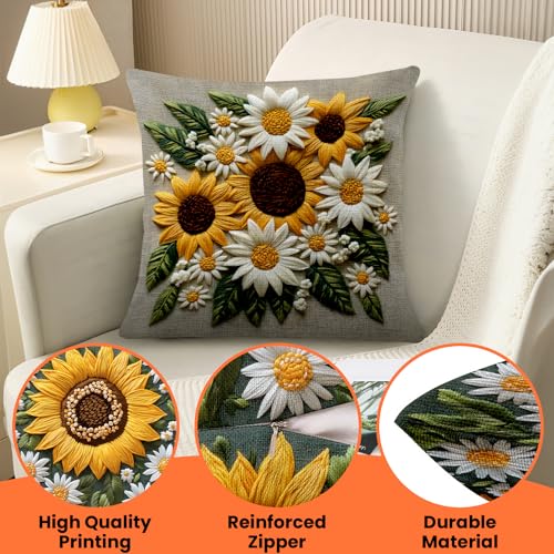 BVBOX Set of 4 Linen Throw Pillow Covers 18"x18", Soft Flax Sunflowers Decorative Pillow Cases, Double-Sided Modern Pillow Covers for Bed, Sofa, Couch, Living Room, Bedroom - color: Sunflower