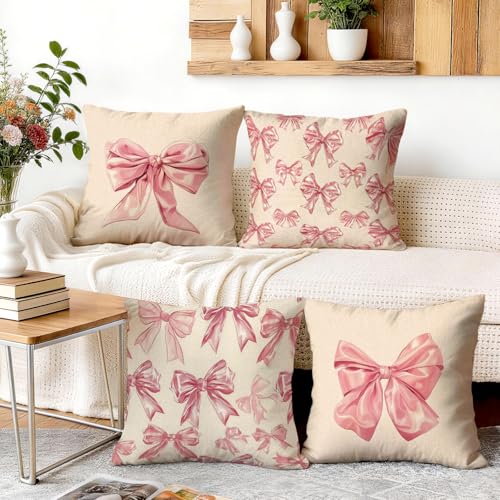 OBSEDE Cute Pink Bow Decorative Throw Pillow Covers 18 × 18 in, Set of 4, Couch Cushion Cases Inserts for Sofa Bed Living Room Home Decor, Single-Sided Print - color: Cute Pink Bow, size: 18" x 18" (Pack of 4)