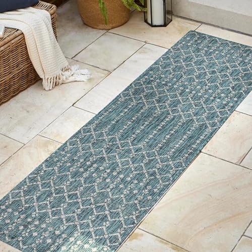 JONATHAN Y Moroccan Geometric Indoor Outdoor Runner Rug 2X8 Teal/Gray, Ourika Textured Weave for Backyard, Patio, Porch, Easy-Cleaning, High Traffic, Pet-Friendly, Non-Shedding (SMB108C-28) - color: Teal/Gray, size: 2'2" x 8' (Runner)