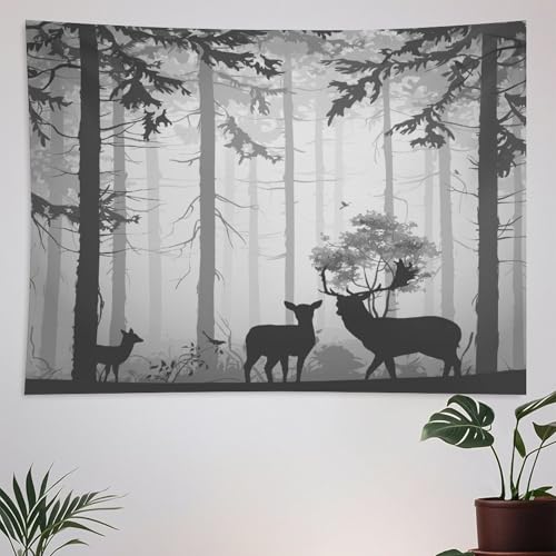 ZhiRain Deer Tapestry Wall Hanging Foggy Forest Nature Wildlife Retro Rustic Cabin Art Printed Tapestries Home Decor for Living Room Bedroom Farmhouse Apartment Dorm 30"x40" - color: Cabin-15, size: 30"L x 40"W