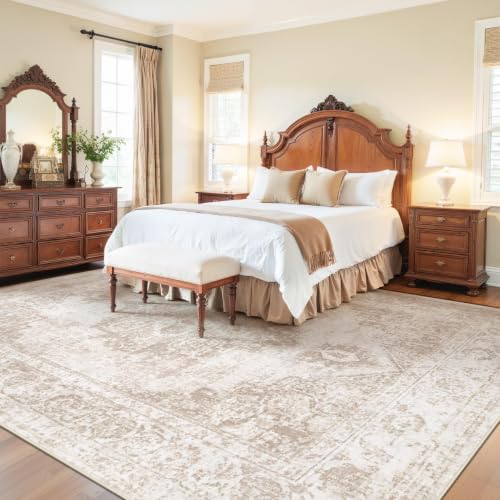 Area Rug 10x12 Vintage Rug: Large Washable Indoor Medallion Rugs Low Pile Distressed Floor Carpet Retro Accent Rug for Living Room Bedroom Dining Room Home Office(Beige, 10'x12') - color: Beige, size: 10' x 12' (Rectangular)