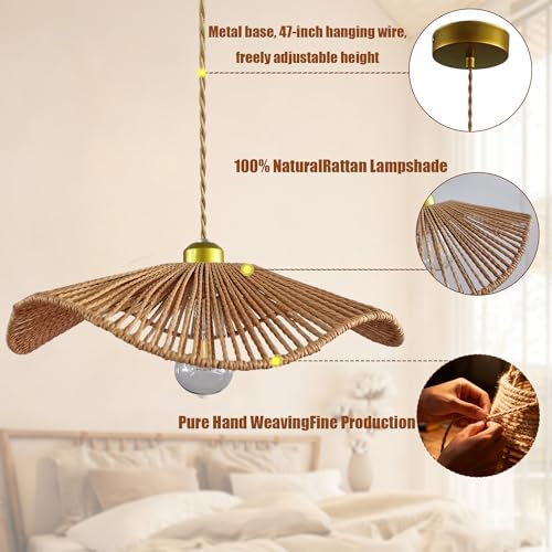 Boho Rattan 16-inch round Pendant Light E26 lamp holder,height adjustable Restaurant chandelier Rattan light fixture Chandelier Woven Hanging Light Fixture for Bedroom Entryway Kitchen Island - color: Light brown-10, size: 16-inch