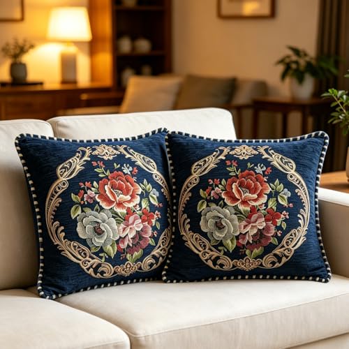Set of 2 Blue Vintage Floral Throw Pillow Covers, Chenille Victorian Embroidered Cushion Covers for Sofa Couch, 18x18 Inch Square Decorative Pillowcases for Living Room,Bedrom - color: Blue