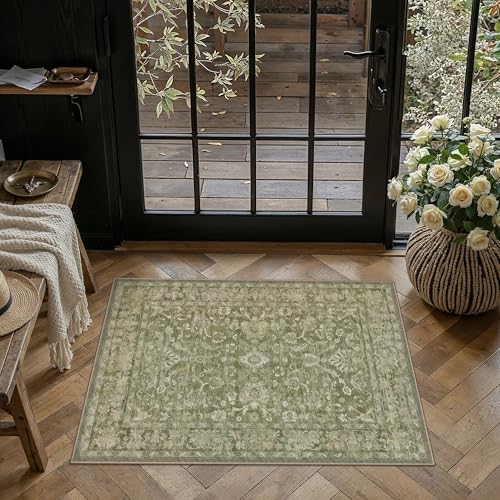 HUGEAR 2x3 Washable Vintage Entryway Area Rug Green Neutral Distressed Low Pile Non Slip Soft Small Carpet Indoor Door Mat Throw Rug for Entrance Kitchen Bathroom Laundry Room - color: Green, size: 2' x 3' (Rectangular)