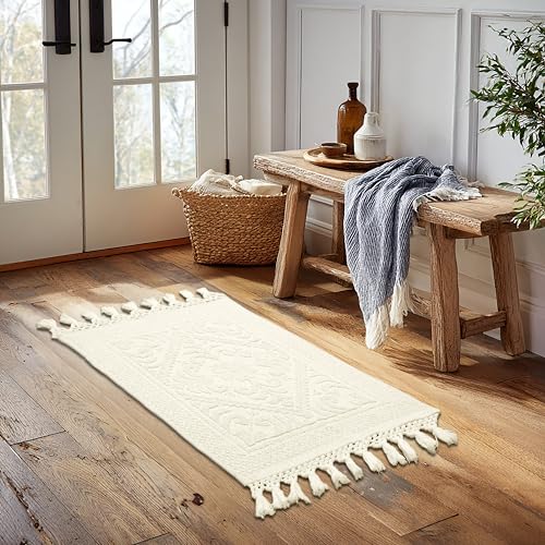 COTTON CRAFT Woven Area Rug - 2 Pack Cotton Jacquard Textured Rug - Boho Farmhouse Rustic Throw Rug with Fringe - Machine Washable Accent Mat for Bedroom Living Room Entryway Nursery - 20x32 - Ivory - color: Ivory - 2 Pack, size: 1'8" x 2'8" (Rectangular)