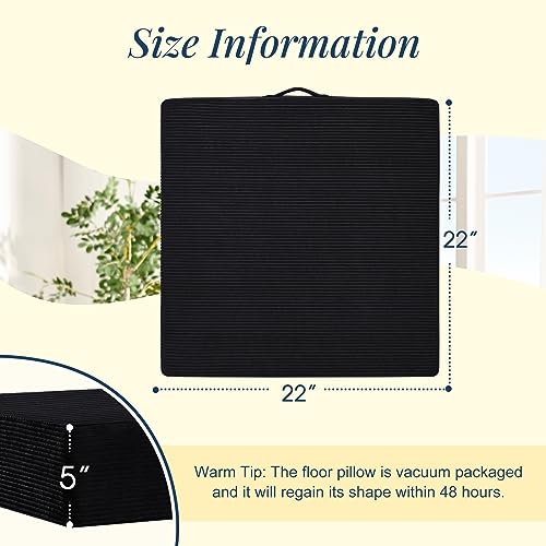 Wellsin Solid Square Floor Pillows for Adults Kids - Large Meditation Floor Pillow Seating Cushion with Thick Foam & Washable Velvet Cover, 2 Pack, 22x22x5 Inch, Black - color: Black, size: 2 Pack (22"x22")