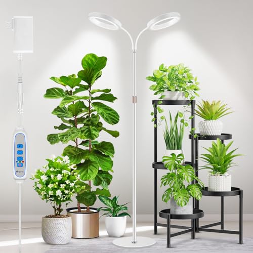 Aumtrly Large Plant Light for Indoor Plants, 2 Head Full Spectrum Grow Light with 68" Adjustable Stand for Growing Large Tall Plants, White Halo Floor LED Grow Lamp with 16 Hour Timer - size: 2 head 68inch/white