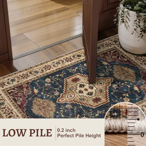 Tangsoo Oriental 2x3 Washable Rugs, Vintage Non Slip Small Area Rug, Indoor Front Door Rug for Entryway, Door Mat Indoor Entrance Soft Low Pile Throw Rugs for Entry Kitchen Bedroom Dark Blue Beige - color: Dark Blue/Beige, size: 2' X 3' (Rectangular)
