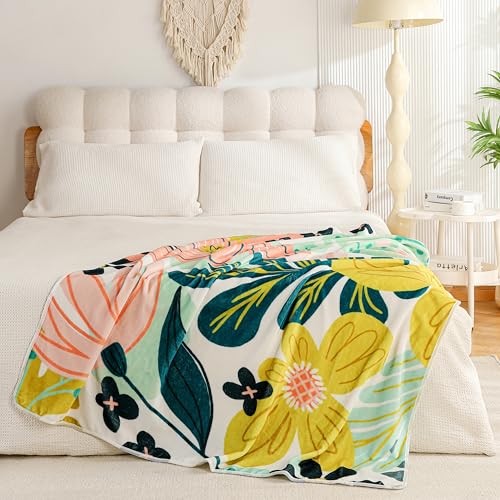 Tyrot Boho Floral Flannel Fleece Twin Blanket – Soft, Warm & Lightweight Fuzzy Blanket for Couch, Bed, or Sofa Decor, Cute Botanical Design Throw for Women & Girls, 60''x80'', Pink Green - color: Rose Garden, size: Twin(60''x80'')