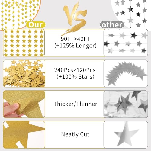 Glitter Gold Iridescent-Star-Garland 90FT – 240 Pcs Sparkling Star Streamers – Hanging Glitter Star Banner Backdrop for Birthday, Baby Shower, Wedding, Christmas Party Decorations (6 Packs) - color: Glitter Gold