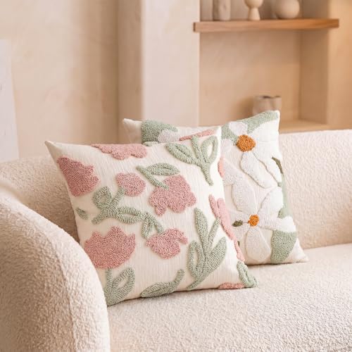 Embroidered Floral Throw Pillow Covers 20x20 Inch Set of 2, Chenille Summer Pillowcase with 3D Tufted Pink Flowers Green Leaves, Boho Decorative Cushion Covers for Couch Sofa Bed - color: Pink Cyan, size: 20" x 20" (Pack of 2)