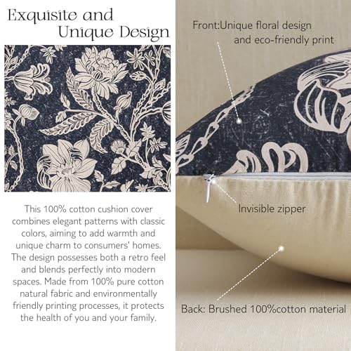 Floral Throw Pillow Covers 16x16：Navy Blue Vintage Floral Pillows Decorative Covers Boho Patterned 100% Cotton Accent Modern Farmhouse Neutral Covers — Sofa Bed Living Room Pillowcases Pack of 2 - color: Bf-navy Blue, size: 16" x 16" (Pack of 2)