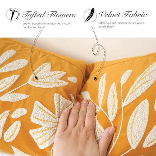 BlissBlush Lumbar Pillow Cover 12x20 Inch, Mustard Floral Tufted Velvet Decorative Accent Pillow Case for Sofa Bed Living Room, Cover Only - color: Yellow Mustard, size: 20" x 12" (Pack of 1)