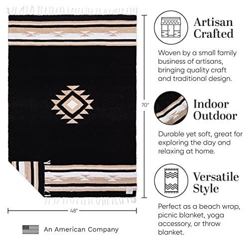 Black Mexican Blanket by Laguna Beach Textile Co - Beach, Yoga, Camping, or Decorative Throw Blanket - Traditional Handmade Serape - Black Baja - color: Black
