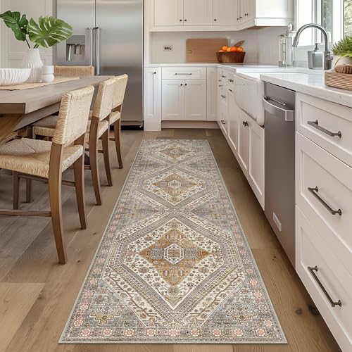 Bavni Kitchen Rug 2x5 Runner Rugs for Hallways Entryway, Washable Vintage Print Carpet, Ultra-Thin Chenille Low Pile Lightweight Rug with Non Slip Backing, Tan/Grey - color: Tan/Grey, size: 2' x 5' (Rectangular)