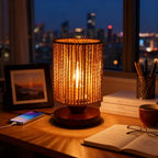 Handmade Rattan Lamp Boho Table Lamp for Bedroom, Small Woven Lamps for Night Stands with Warm White LED Bulb, Coastal Boho Lamp for Living Room Reading Nook Office Desk, 12cm Shade 20cm Height - color: Bohemian