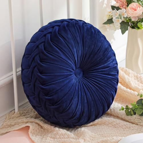 Drydiet 1 Pcs Round Throw Velvet Pillows Decorative Pleated Throw Pillows Diameter Accent Pumpkin Boho Chair Cushion for Couch Sofa Home Decoration (Navy Blue,15'') - color: Navy Blue, size: 15''