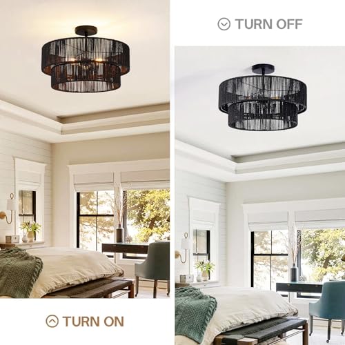 Black Boho Rattan Chandelier 18'' Hand Woven Chandelier Light Fixture 3-Light Farmhouse Drum Pendant Light for Dining Room Bedroom Kitchen Hallway Foyer - color: 18" Black Rattan