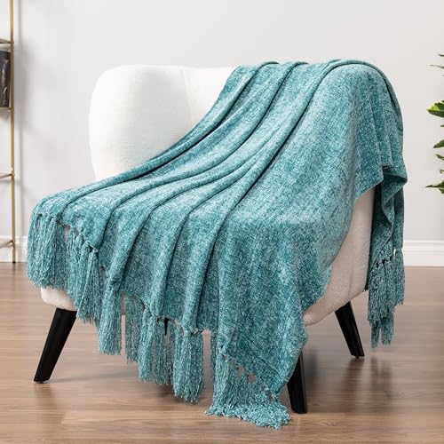PAVILIA Teal Chenille Throw Blanket for Couch Sofa, Soft Turquoise Throw with Tassel, Decorative Blanket for Bed Chair Living Room, Teal 50x60 - color: Teal, size: 50 X 60 Inches - Throw