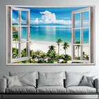GOURIDA Ocean Beach Tapestry Wall Hanging Blue Sea Tropic Island Paradise Summer Coconut Tree Palm Seaside Window Nature for Bedroom Aesthetic ,61 W x 41 H inch