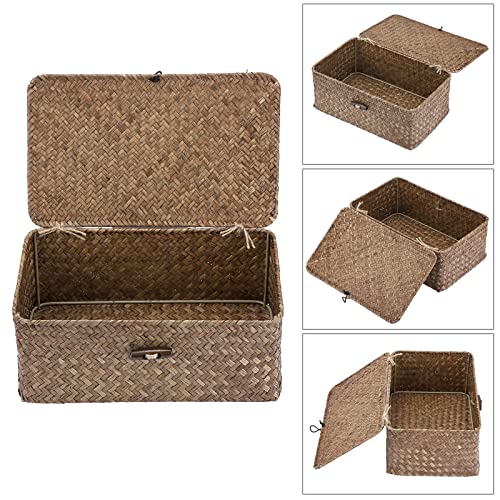 Hipiwe Wicker Shelf Baskets Bin with Lid, Handwoven Seagrass Basket Storage Bins Rectangular Household Basket Boxes for Shelf Wardrobe Home Organizer, Coffee Small - color: Coffee, size: Small