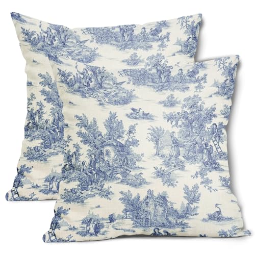 Blue Toile Pillow Covers 22x22 Inch Set of 2 Navy Blue and Beige French Country Cotton Linen Decorative Throw Pillow Case Cottage Vintage Cushion Cover for Bedroom Sofa Living Room Chair Home Decor - color: French Country Blue, size: 22" x 22" (Pack of 2)