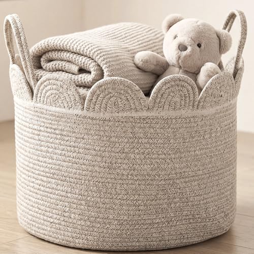 LemonRoad Brown Variegated Round Basket Large Blanket Basket 15.8" L X 15.8" W X13.8" H Scalloped Woven Baskets Cotton Storage Baskets for Nursery Classroom Closet Blankets Storage Home Decor - color: Brown Variegated, size: 15.8" L X 15.8" W X13.8" H