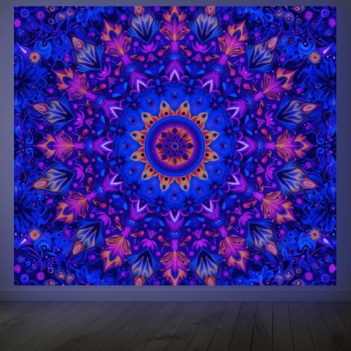 CRAFTYMELODY Mandalas Blacklight Tapestry Glow in the Dark Tapestry UV Reactive Multicolor Mandalas Wall Hanging 59×51 Inch with Hook Self Adhesive Sticker Clip for Bedroom Home Wall Decoration - color: Mandalas