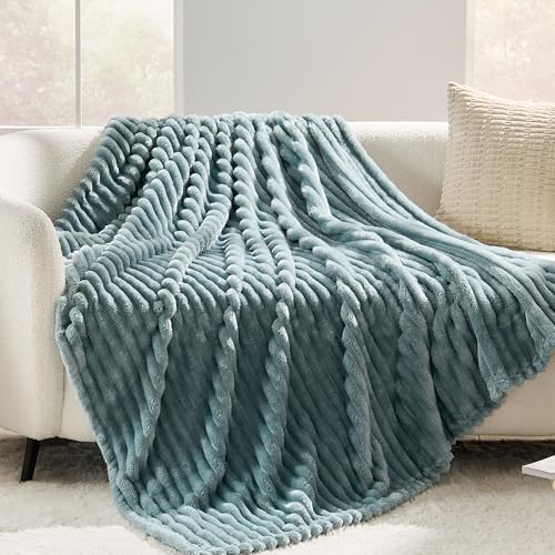 Dusty Blue Striped Throw Blanket, 330GSM Soft Plush Fleece Blanket for Couch Sofa Travel, Decorative Cozy Giftable Home Blanket, 50x60 Inches - color: Dusty Blue, size: Throw(50"x60")