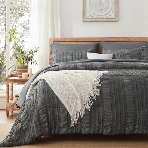DHSFKBE Dark Grey Tufted Textured Comforter Set Queen Size, 7 Piece Bed in a Bag，Shabby Chic Boho Bedding for Bedroom Comforter，All Season Soft Microfiber Ruffle Comforter Set with Pillow and Sheets - color: Dark Grey, size: Queen