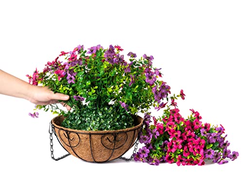 HyeFlora Artificial Faux Hanging Plants Flowers Basket for Spring Summer Outdoor Outside Decoration, Fake Silk Colorful Daisy Eucalyptus in Planter UV Resistant Realistic for Porch Patio Balcony Yard - color: Purple Pink