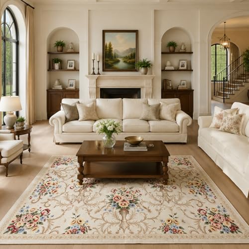 Helthep 5x7 Vintage Floral Area Rug, Washable Low Pile Rug for Living Room, Pet Friendly Easy Clean Non Slip Rug, Soft Farmhouse Boho Rug for Bedroom Dining Room Home Office - color: White, size: 5' x 7' (Rectangular)