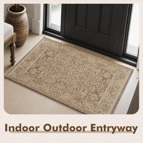 MontVoo-2x3 Outdoor Rug Porch Entryway Rug-Polypropylene Door Mat Indoor Outdoor Entrance Entry Rugs Kitchen Rugs, Textured Weave, Durable, Fade-Resistant, Non-Shedding, Vintage Neutral Brown - color: Brown Beige, size: 2' x 3' (Rectangular)