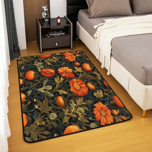 Erosebridal Boho Floral Area Rug 6'6" x 4'11" Vintage Leaves Living Room Rugs Nature Wild Botanical Decorative Carpet Orange Green Indoor Floor Mat - color: Black Orange, size: 4'11" x 6'6" (Rectangular)